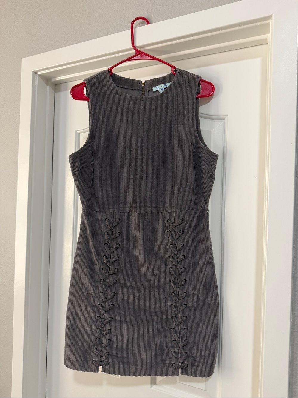 Sleeveless Gray Corduroy Lace-Up Mini Dress